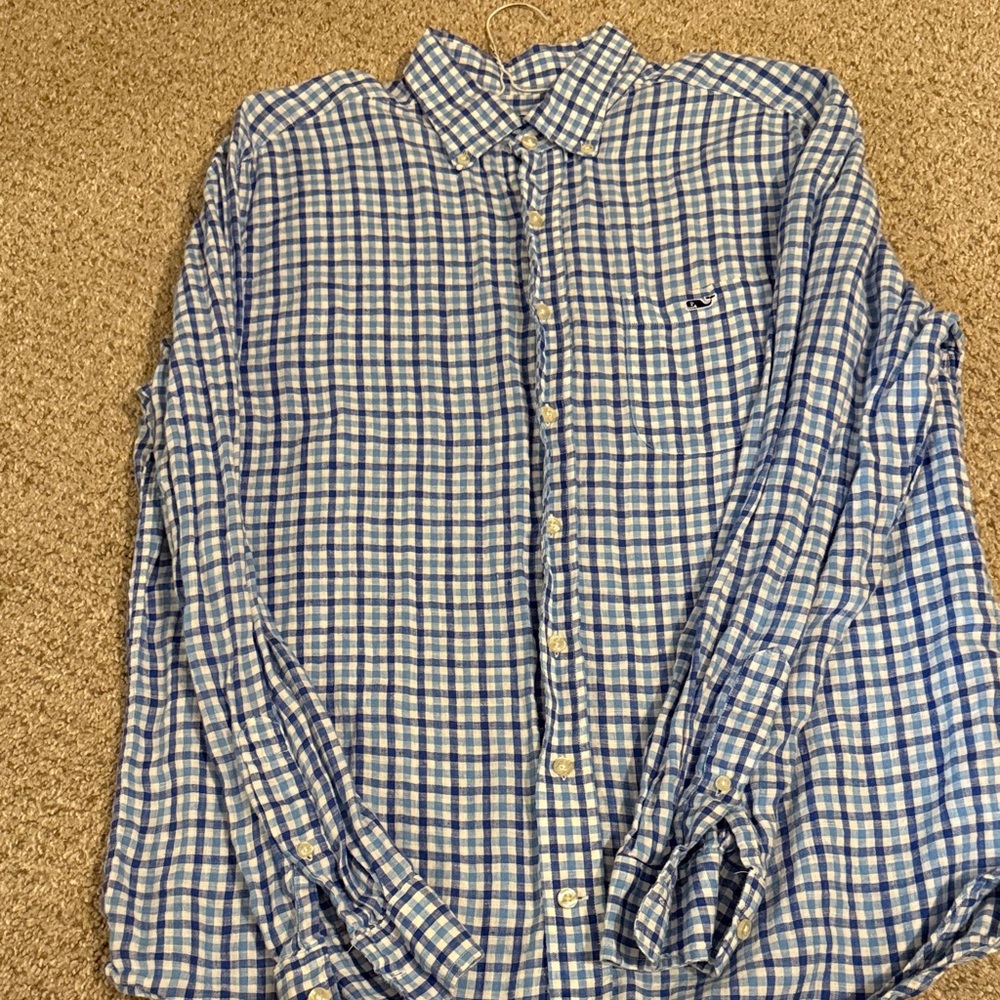 Vineyard Vines Blue and White Plaid Men's Shirt